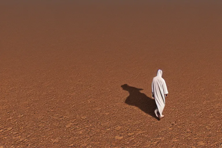 Image similar to guy with a robe walking through a desert with high speed winds, 2 d perspective, wind, 8 k, ultra detailed, award winning, trending on artstationhd, epic, dramatic, cinematic,