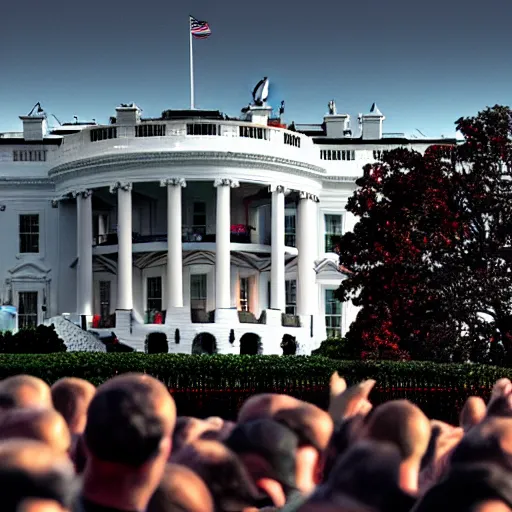 Prompt: a crowd of terminators gleaming in the sunlight surrounding the White House, ominous, 4k, 8k, octane, red, black, gunmetal