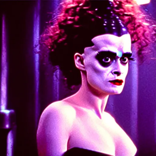 Image similar to cinematic portrait of shocked helena bonham carter as bride of frankenstein as a replicant in a busy nightclub,, still from the movie bladerunner, fashion photography, a sign is in the background, 8 k, high detail, face in focus