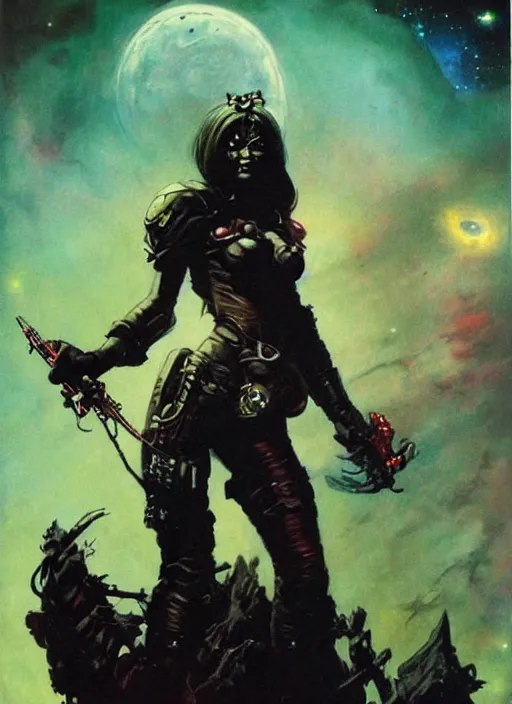 Image similar to portrait of female space pirate, night sky background, beautiful! coherent! by brom, by frank frazetta, deep color, strong line, high contrast