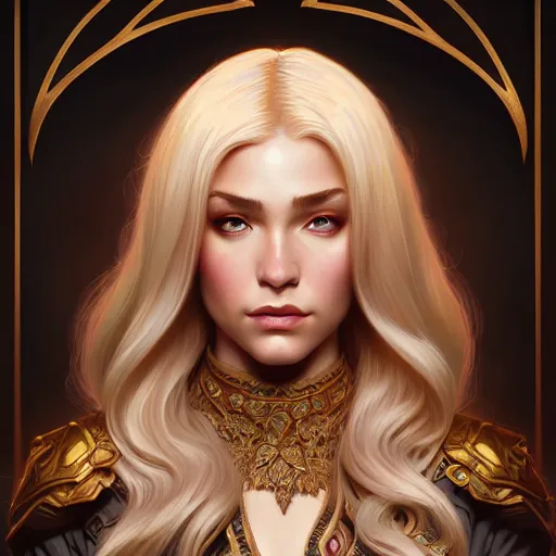 Prompt: aristocrat eye brow raised, female, d & d, fantasy, intricate, elegant, highly detailed, blonde hair, digital painting, artstation, octane render, concept art, matte, sharp focus, illustration, hearthstone, art by artgerm, alphonse mucha johannes voss