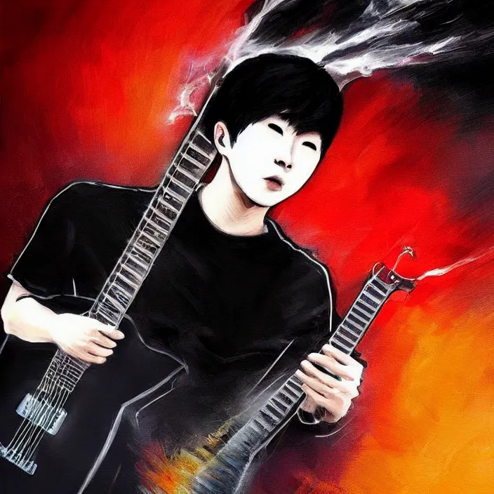 Image similar to a young korean man wearing black t shirt holding an electric guitar!!, dark background, huge brush strokes, dramatic smoke everywhere, matte colors, dramatic brush strokes, abstract, trending on artstation