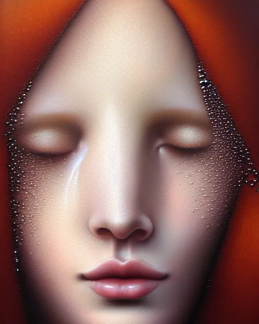 Prompt: portrait of an ethereal ginger beauty with water droplets, reflective eyes, with rain drop patterns, closeup, by mary jane ansell