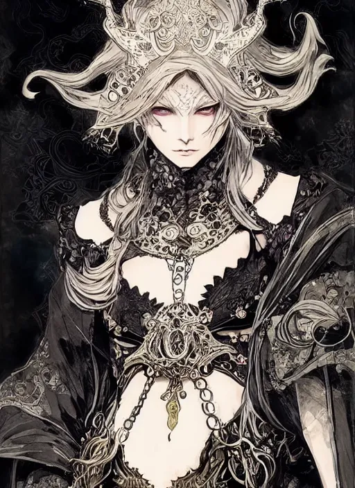 Image similar to beautiful human witch with blonde short curtly hair in intricate ornate witch robe, haughty evil look, witch hat. in style of yoji shinkawa and hyung - tae kim, trending on artstation, dark fantasy, great composition, concept art, highly detailed, dynamic pose.