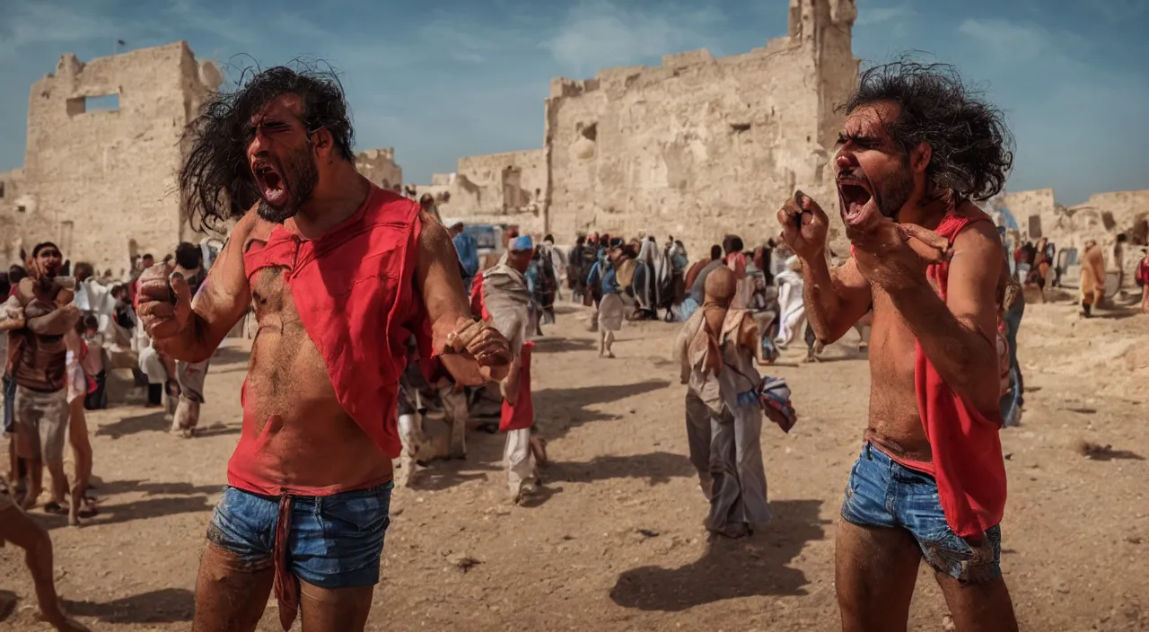 Image similar to a tunisian man, with a brown and shorts hairtcut, screaming at pictures of countries, vivid colors, soft lighting, atmospheric, cinematic, moody, 8 k