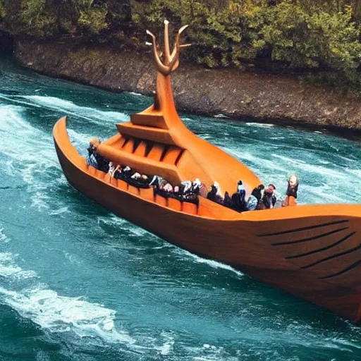 Image similar to speedboat that looks like a viking ship sailing down a river