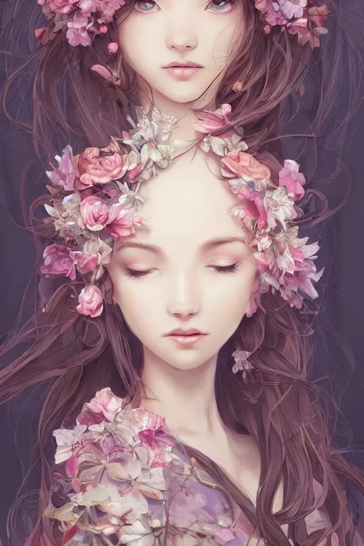 Prompt: romantic and fashion and love princess of the flower with sheath dress, 8 k realistic, teenager girl, baroque, symmetrical, flowing hair, smile, trending pinterest and pixiv, muted colors, hyperrealistic, l close up shot, character concept art, face by kyoung hwan kim, alexandra fomina, ilya kuvshinov