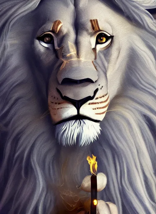 Image similar to an anthropomorphic beautiful male lion wizard portrait holding torch wearing stripes robe, dreadlock breed hair, fine art, award winning, intricate, elegant, sharp focus, octane render, hyperrealistic, cinematic lighting, highly detailed, digital painting, 8 k concept art, art by jamie hewlett and z. w. gu, masterpiece, trending on artstation, 8 k