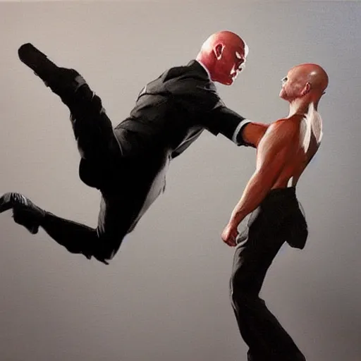 Image similar to agent 4 7 dropkicks man off top of wrestling cell, realist painting