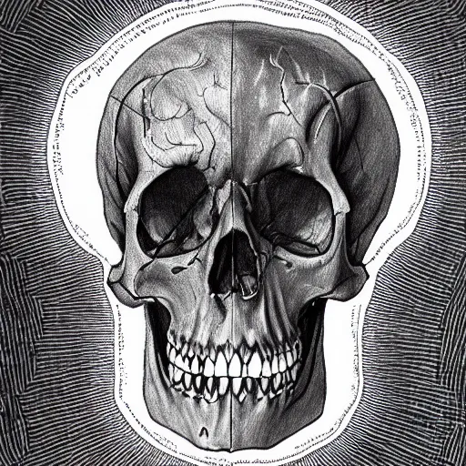 Prompt: high detail drawing of a skull face caught in a ring of fire with angel wings, brain still intact, imperior, flames, death,