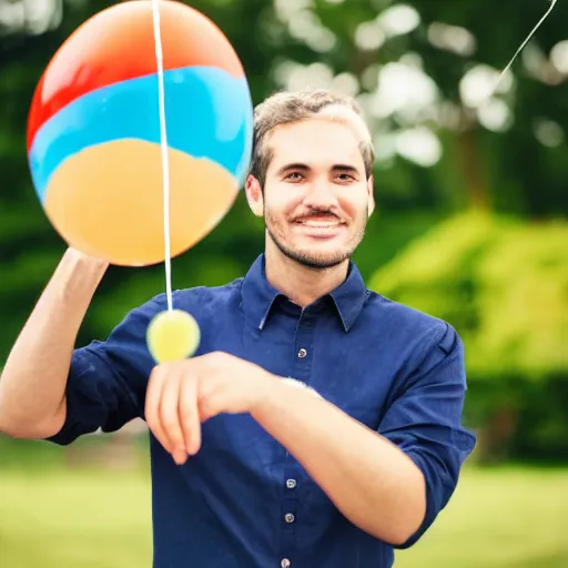 Prompt: man holding a balloon,