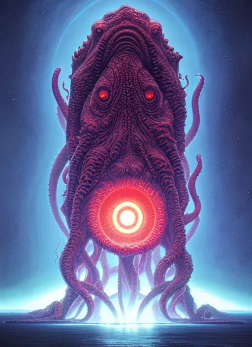 Prompt: symmetry!! stunning monstrous cosmic horror cthulhu with space in the background!! lovecraftian horror, cosmic space horror!! cinematic lighting, muted colours, digital art, winning award masterpiece, fantastically beautiful, aesthetically inspired by wayne barlowe and gerald brom, trending on artstation, art by greg rutkowski, octane render, unreal engine, 8 k