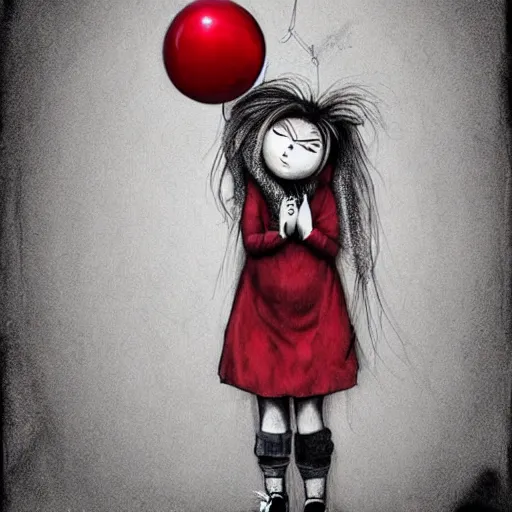 Image similar to surrealism grunge cartoon sketch of billie eilish with a wide smile and a red balloon by - michael karcz, loony toons style, horror theme, detailed, elegant, intricate