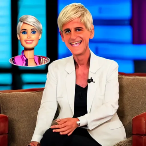 Image similar to barbie jeffrey epstein guest appearance on the elen degeneres show, plastic mannequins with cone shaped heads in the crowd, highly detailed facial expressions