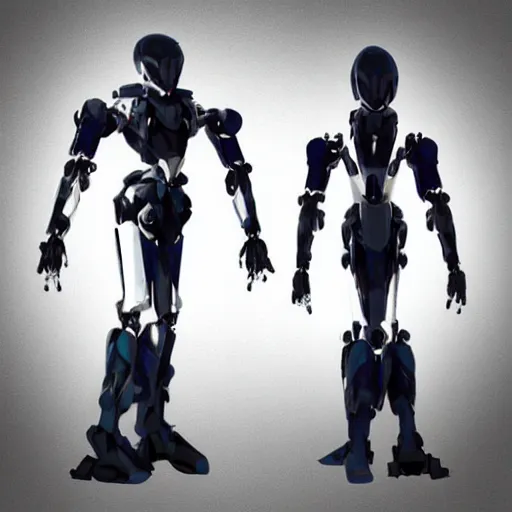 Image similar to “Front and back full body full height, Sleek Futuristic Biped Mecha, super high resolution photo. Square Aspect. Front and Rear. Orthographic Engineering Diagram.”