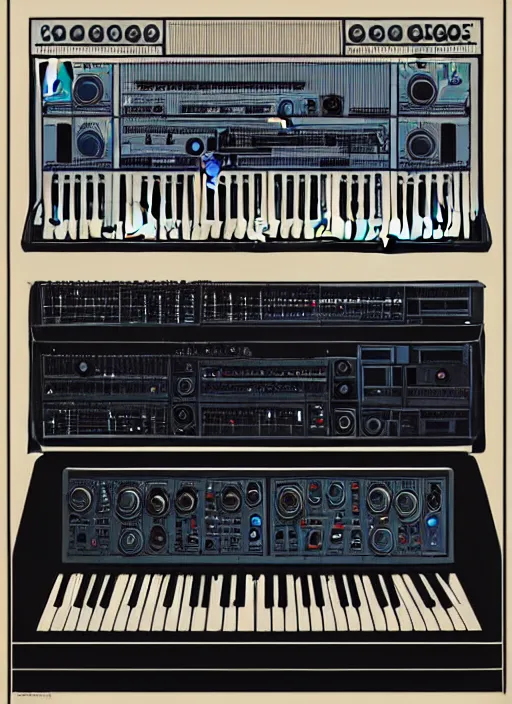 Prompt: symmetrical!! portrait of an analogue synthesiser. close up. soft lighting, retro 8 0 s, realistic illustration, art by peter elson