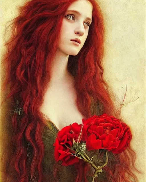 Prompt: a woman with long red hair and a flower in her hair, a photorealistic painting by Carla Wyzgala, pinterest, pre-raphaelitism, pre-raphaelite, enchanting, chiaroscuro