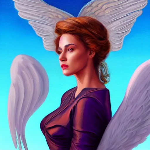 Image similar to 3 / 4 view of a portrait of a pretty woman with wings with wings, confident pose, digital painting, artstation, concept art, smooth, sharp focus, illustration, trending on artstation, highly detailed, concept art, mike esposito comics mickey demeo, trending on artstation, imax 7 0 mm, h 6 4 0