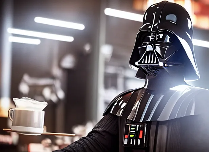 Prompt: film still of Darth Vader working as a barista in the new Star Wars movie, 4k