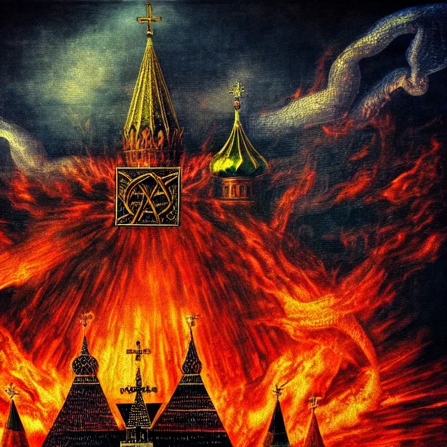 Prompt: kremlin in fire by jheronimus bosch, armageddon, hyper realistic, sharp focus, depth of field, hyper detailed visionary art, symmetric, magic symbols, holy halo, dramatic ambient lighting, high detail, vibrant colors,