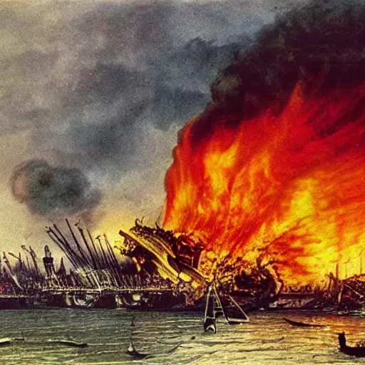 Image similar to the Hindenburg crashing in flames in colour on Victorian London