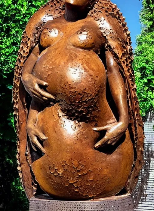 Prompt: a beautiful bronze sculpture of a pregnant woman with honeycomb cutouts pulling wet dripping honey from her womb