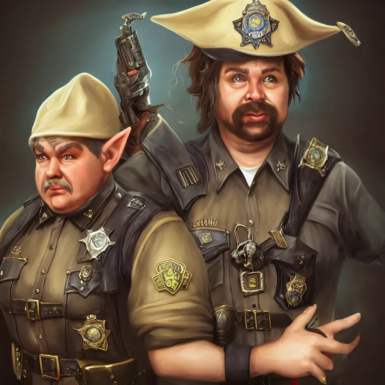 Image similar to a shifty fat high fantasy elf mall cop with a sheriff's badge, Oil Painting, hyperrealistic, Detailed Digital Art, RPG portrait, 3/4 bust, dynamic lighting, Highly Detailed, Cinematic Lighting, 8k, HD