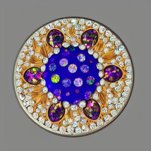 Prompt: Crystal Star compact. Guilloché, cloisonné, brilliant cut gem stones, round sapphire cabochon, precious metal by Fabergé c. 19th century. Objet de vertu KeyShot render in 4k.