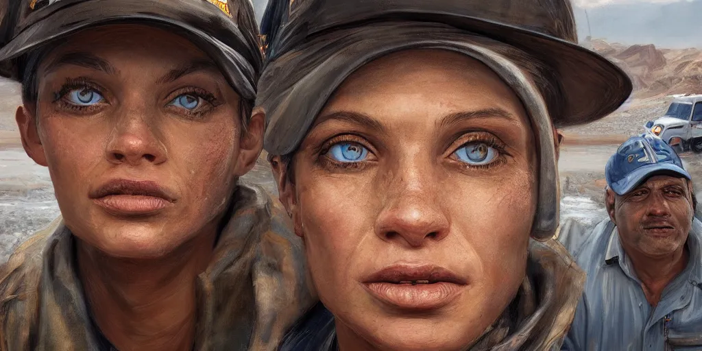 Prompt: highly detailed portrait painting of truck driver and angelina joile, perfect symmetrical eyes, by eddie mendoza and tyler edlin, 8 k resolution