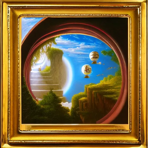 Prompt: award winning masterpiece with incredible details, a surreal 3d painting by Thomas Cole of a floating illuminated orb amongst an endless spiraling staircase on a checkerboard plane underwater