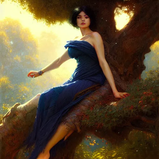 Image similar to portrait of a strong woman resting on a large tree, short black hair, thoughtful experssion, slender dark blue clothing, bare legs sharp focus, ultra realistic digital painting, colorful, cinematic lighting, high fantasy, intricate, highly detailed, smooth, elegant, gaston bussiere, bayard wu, greg rutkowski