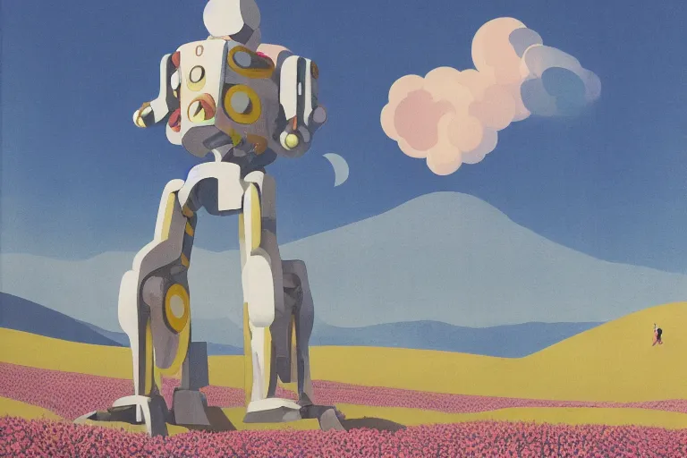 Image similar to giant mecha robot with laser, blooming hills with spring flowers and pillars by helen lundeberg