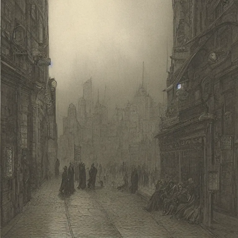 Image similar to some people waiting in a lone bus stop in qiet dark city, by Gustave Doré