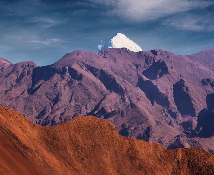 Image similar to 4 k hd, high detail photograph of andes mountains, shot with sigma f / 4. 2, 2 5 0 mm sharp lens, wide shot, volumetric lighting, high level texture render, unreal engine