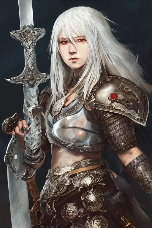 Image similar to A realistic anime portrait of a white haired female barbarian wearing an intricate viking armor, sword wielding, digital painting, by Stanley Artgerm Lau, Sakimichan, WLOP and Rossdraws, digital painting, painterly, Pixiv, Deviantart, golden ratio, rule of thirds, good composition, HD, 8k, award winning, promo art, splash art, rpg, jrpg, dungeons and dragons, DND, trending on ArtStation