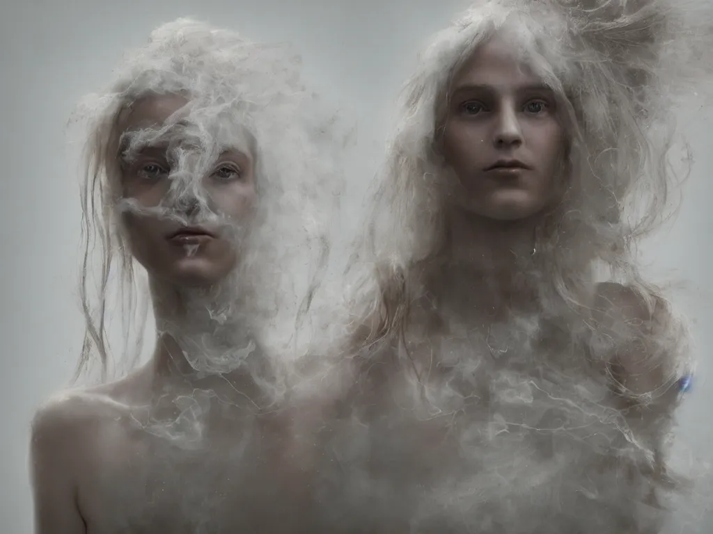 Prompt: kodak portra 4 0 0 of a delicate, dreamy, feminine, subsurface scattering, white, young beautiful bio - mechanical opal cyborg by nicola samori, long white hair floating in air, fluid smoke art, octane render highly detailed, head in focus, cinematic lighting, hyper realism, 8 k