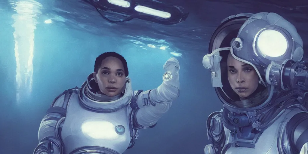 Image similar to Zoe Kravitz with short hair as a techpunk astronaut, helmet with led lights, underwater in the ocean at night, clear water, volumetric lighting, glowing lights, 4k, octane, digital painting, artstation, concept art, cinematic film, sharp focus, illustration, art by artgerm and greg rutkowski and alphonse mucha , wide angle view, full body