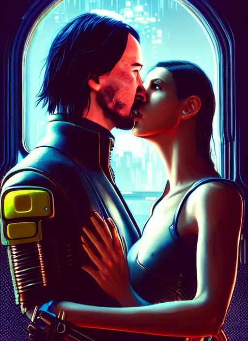 Image similar to a cyberpunk 2077 couple portrait of Keanu Reeves & female android in final kiss,love,film lighting,by Laurie Greasley,Lawrence Alma-Tadema,Dan Mumford,artstation,deviantart,FAN ART,full of color,Digital painting,face enhance,highly detailed,8K,octane,golden ratio,cinematic lighting