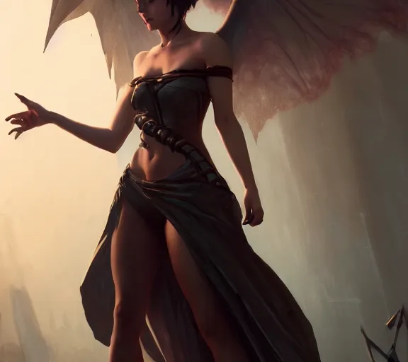 Image similar to morrigan aenslandcasting magic, a charming succubus, strapless dress, fantasy, d & d, by greg rutkowski and raymond swanland, sharp focus, trending on artstation, 8 k realistic digital art, cryengine, symmetric, sharp focus, concept art, frostbite 3 engine