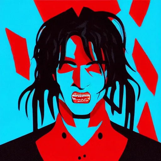 Prompt: Album Art for Playboi Carti \'Whole Lotta Red\', Fanged Vampire, Red Birthmark, Castlevania, Vector art, Geometric 3d shapes, Gang, Paper Marbling, red smoke, by Sachin Teng, Trending on artstation