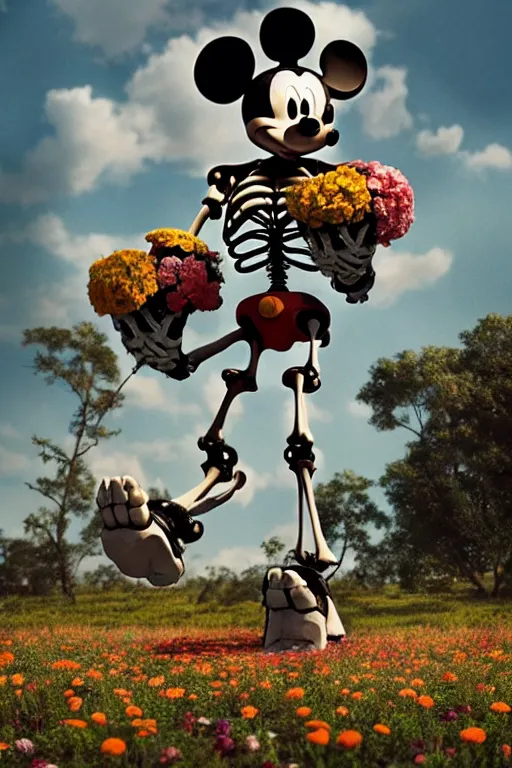 Image similar to a skeletal, mickey mouse made out of flowers and bones, taking a giant robot for a walk in the countryside by beeple, nychos and arcimboldo, highly detailed octane render