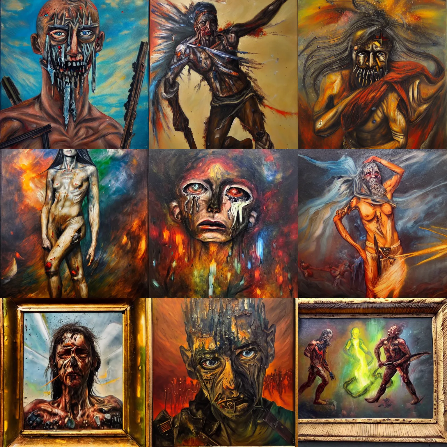Prompt: the ravages of war, oil paints, powerful warriors with powerful auras