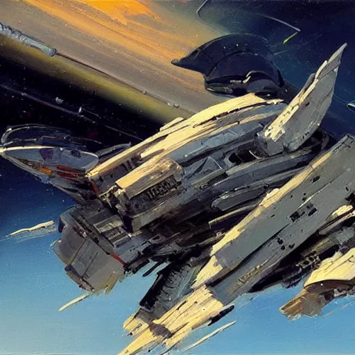 Image similar to minimalist concept art spaceship, long deliberate brushstrokes, concept art oil painting, textured paint by john berkey