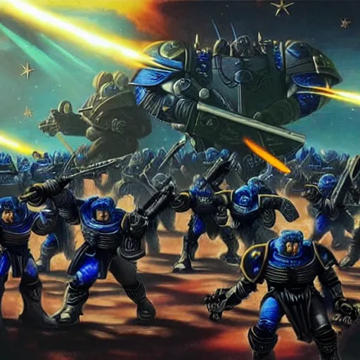 Image similar to Astartes are fighting against space orcs, huge armies, epic battle, a bunch of explosions, bullet tracers, Astartes are very well detailed, orcs are very well detailed, Photo style retro futurism art