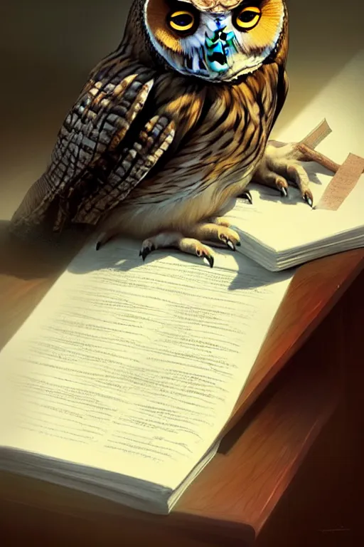 Prompt: An owl falling asleep on his papers he was studying., digital painting, artstation, concept art, soft light, hdri, smooth, sharp focus, illustration, art by tian zi, craig mullins, Mark Arian, WLOP, alphonse mucha