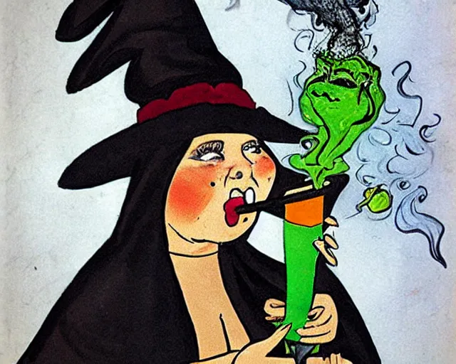 Image similar to fat witch smokin bong. the witch is smoking a bong.