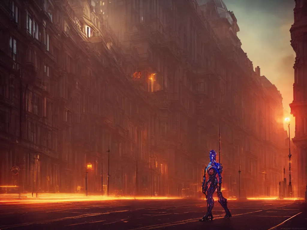 Image similar to an ancient beautiful cyborg of the elder gods in the city of London, London streets in background, colourful, dramatic lighting, golden hour, very detailed octane render very realistic beautiful