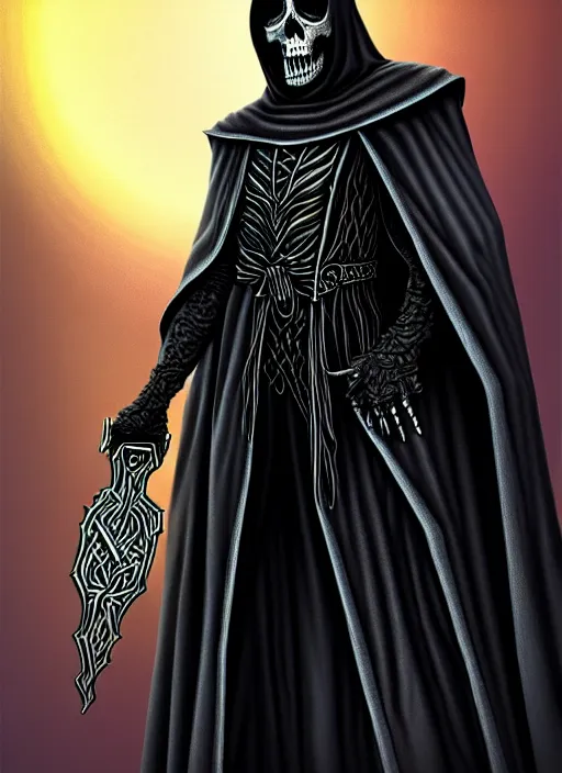 Image similar to ultradetailed artwork of the necromancer, wearing a black cloak, crisp