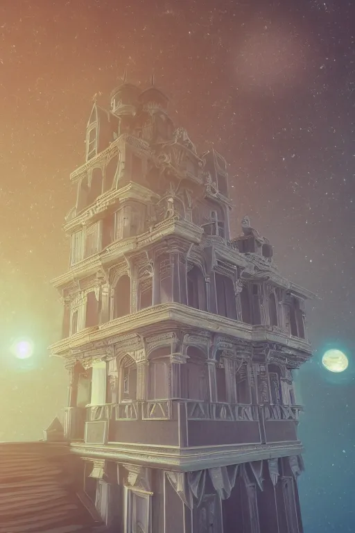 Prompt: multi level baroque castle in space, calm, tranquil, faded effect, detailed, vaporwave colors, render by substance designer