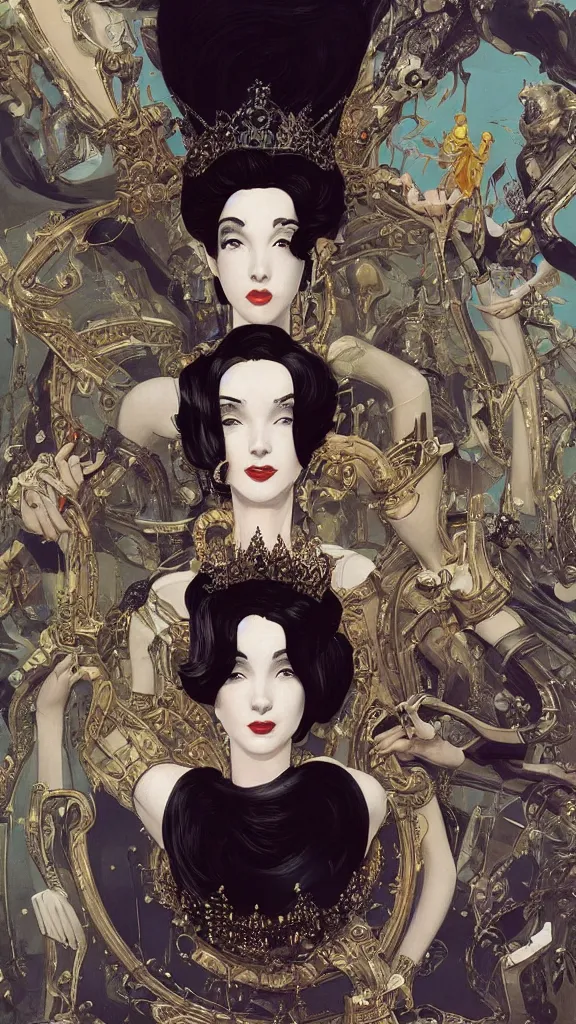 Prompt: a beautiful black haired woman with pale skin and a crown on her head sitted on an intricate metal throne new york circa 1 9 8 4 edward hopper and james gilleard, surreal, open ceiling, highly detailed, airbrush, ilya kuvshinov, wlop, stanley artgerm, very coherent, art by takato yamamoto and james jean